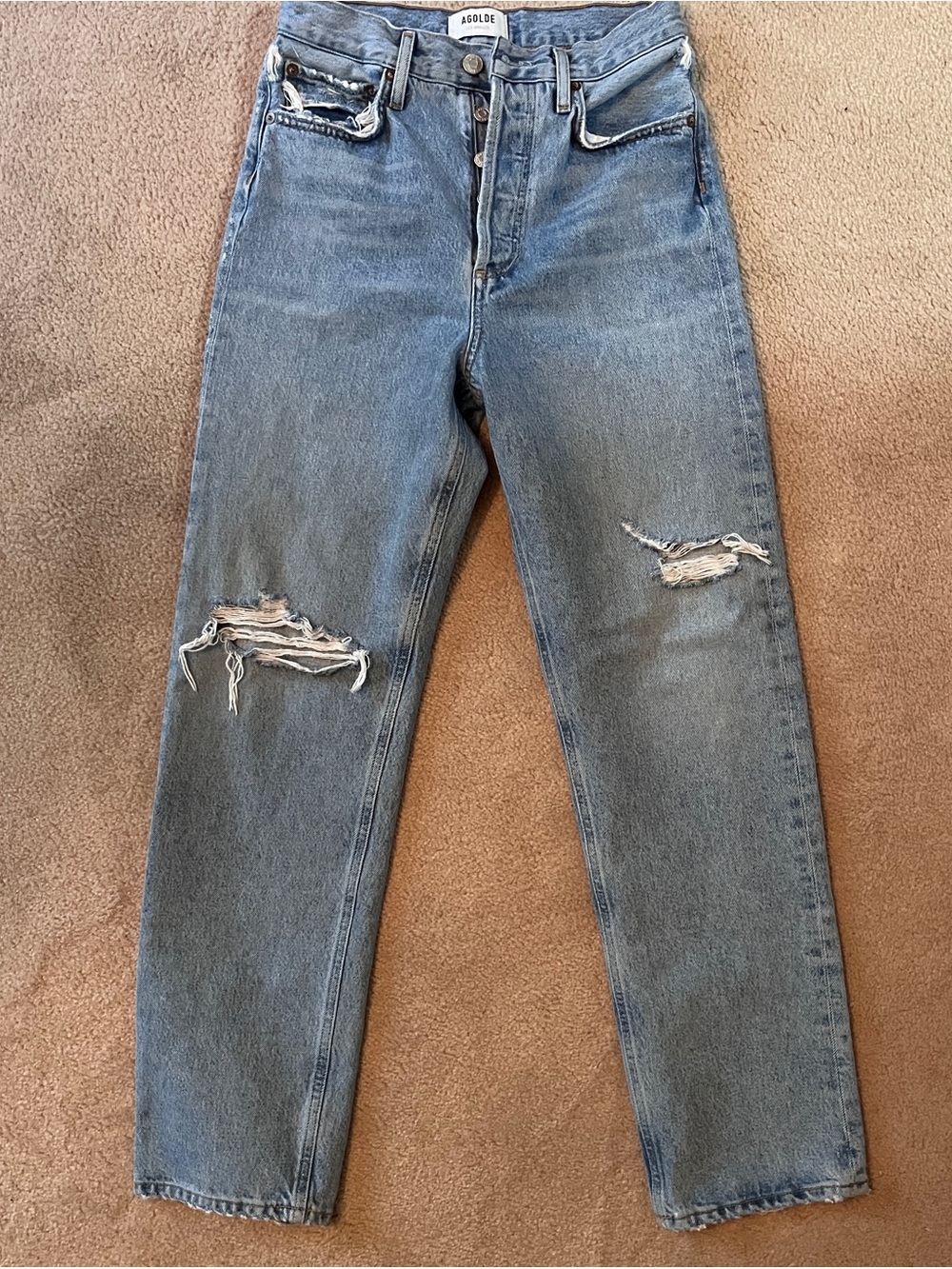Agolde High-Rise Straight Jeans in Light Blue with Knee Rips